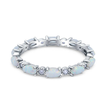 Full Eternity Wedding Bridal Ring Oval Lab Created White Opal Simulated CZ 925 Sterling Silver